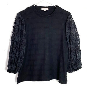 Eri & Ali Black Pullover Boho Blouse Lace Sheer Balloon Long Sleeves XS Loose